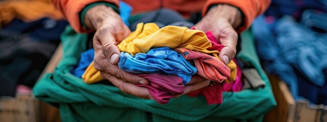 a volunteer holds a box of things. Selective focus