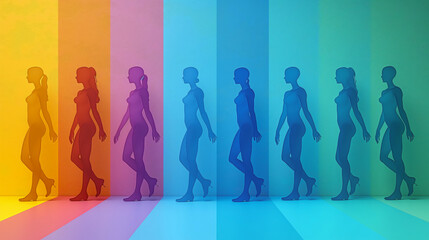 Silhouettes of women walking through colorful light strips, representing diversity and progress.