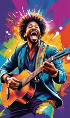 Obraz premium colorful street scene with a joyful musician playing the guitar. He appears to be a street performer, accompanied by other musicians in the background. The overall atmosphere is lively and upbeat.