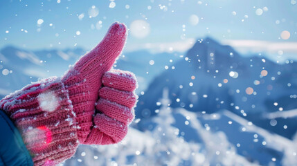 Gloved hand giving a thumbs up in a snowy landscape, expressing positivity in winter.