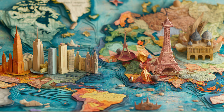 The image shows a colorful 3D world map with famous landmarks and cities.