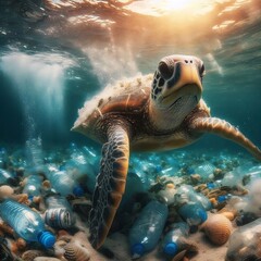 Obraz premium Sea Turtle trying to escape from the oceans pollution, digital illustration created with generative ai. 