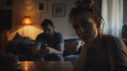 Cinematic Shadow: Serious Woman in Her 30s at a Table, Gazing Thoughtfully with a Man Typing on Mobile in the Background