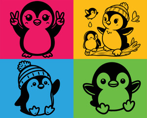 Set of funny cartoon Penguin. Penguin desing vector. animal, cartoon, cartoon drawing, outline vector. penguin black vector set. penguin illustration.