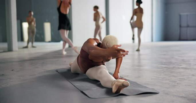 Ballet artist, stretch and prepare for performance, training with flexibility practice and technique. Woman, dancer and creative motion for theatre art, dedication and routine for stage competition