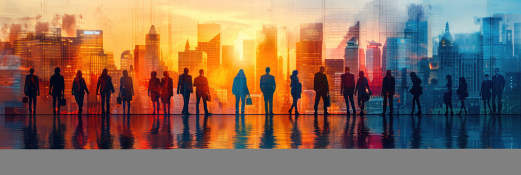 Business team united in front of a cityscape with office towers, symbolizing the success of joint efforts and collaboration. Abstract image reflecting employee teamwork.