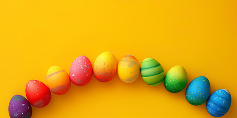 Obraz premium Colorful Easter eggs forming a rainbow on yellow background.