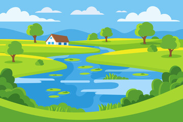 Village natural landscape. Vector cartoon landscape of an ancient river on a background of green fields, meadows, trees, mountains, hills and a sweet house. Water lilies and reeds grow in the river.