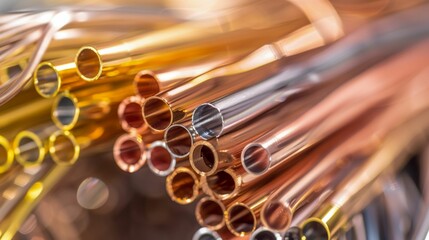 Naklejka premium Abstract Blurred Vision of Copper and Metallic Tubes. Generative ai.