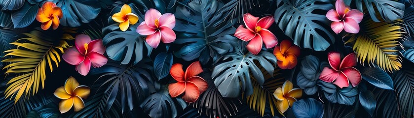 Obraz premium Colorful tropical foliage with vibrant flowers, dark background, bold and lively