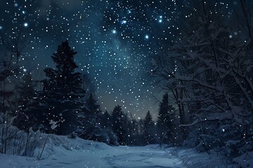 A night sky filled with stars, viewed from a silent, snowy forest clearing