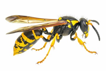 Macro Shot of Potter Wasp Closeup, Detailed Insect with Vibrant Yellow and Black Colors, Isolated on White Background