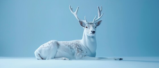 White deer lying on blue backdrop, minimalist winterthemed portrait - Powered by Adobe