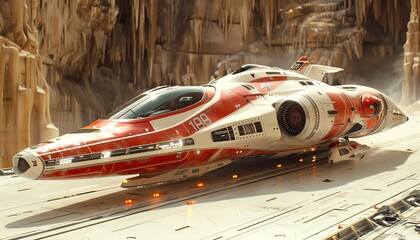 Futuristic red and white spaceship in a desert landscape.