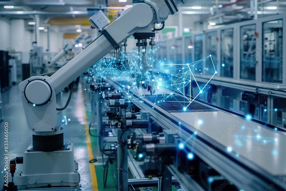 Poster modern robot arm in factory with digital network.