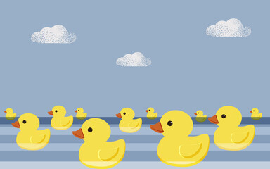 Holiday National Rubber Duck Day. Yellow cute ducklings swim on the sea waves. 
