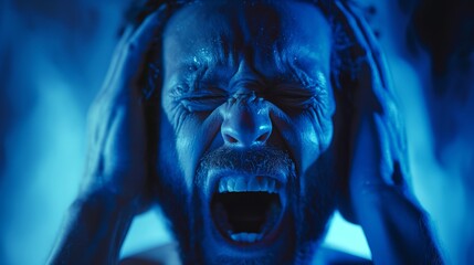 Fototapeta premium Portrait of terrified, adult male. A man screams in horror holding his head.