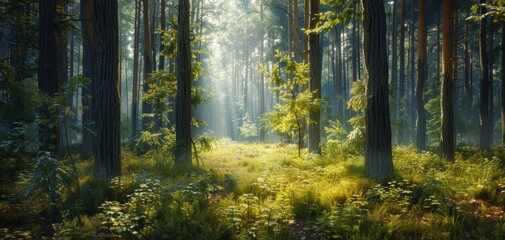 Obraz premium A serene forest illuminated by soft daylight
