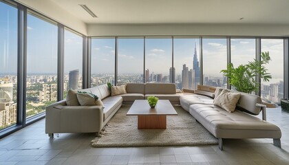 Fototapeta premium Elegant, modern living room with minimalist decor. A modern living room with large windows overlooking the city skyline