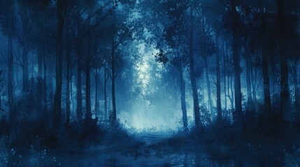 A twilight forest scene, long shot with deep blue light filters, tall, shadowy trees, moonlight piercing through the canopy, haunting and magical, digital watercolor style
