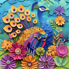 Obraz premium a peacock with flowers. kirigami style, kids drawing