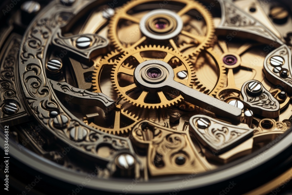 Poster up close and detailed view of the intricate watch mechanism with gears, cogs, and precision engineer