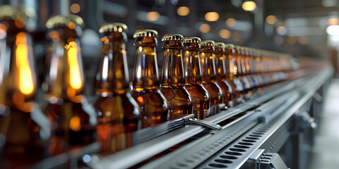 Beer Bottles on a Production Line in Beer Factory, Brewery Automated Conveyor Belt with Brown Glass Beer Bottles with Blurred Background, Generative AI. 