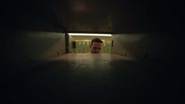 A man is retrieving mail from a safe deposit box inside a secure vault at a bank