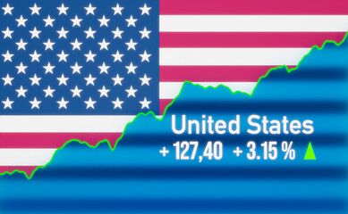 United States stock market up. Rising chart with US American flag. Bull market, growth, stock market rally, positive trend, strong business, investment, trading, success.