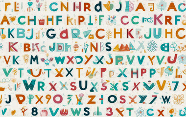 a pattern with an alphabet for children, inscriptions and children's figures on a white background	