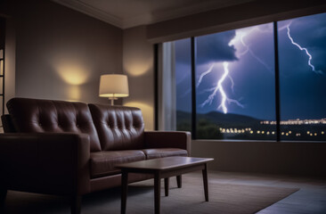 Fototapeta premium lightning on the background of a dark stormy sky. view from inside the room