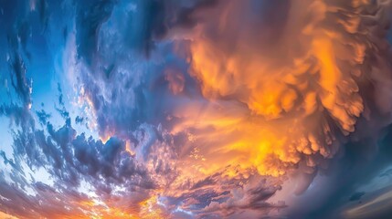 Horizontal photograph of sunset colored sky at the boundary of a weather front
