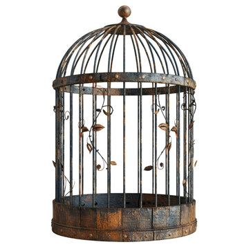 A weathered, antique birdcage with intricate details. The cage is made of metal and has a dome-shaped top. The cage is rusty and has been worn by time.