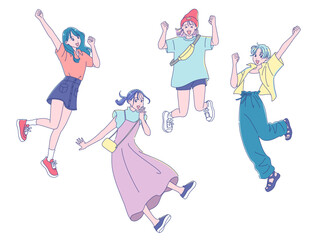 元気にジャンプするアニメ調の若い女性