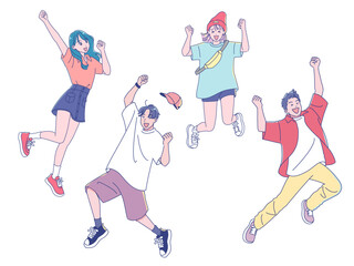 元気にジャンプするアニメ調の若い男性と女性