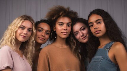 Fototapeta premium A diverse quartet of young women smile gently at the camera, highlighting modern beauty and friendship