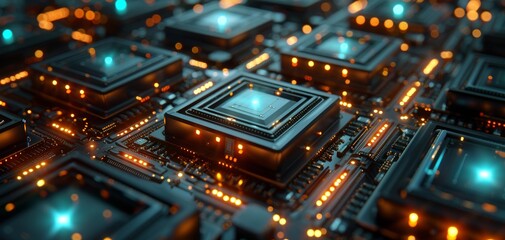 Obraz premium Close-up shot of a trio of high-tech microchips, advanced design, processing data, CG 3D render, with vivid reflections on sleek surfaces and complex circuitry patterns