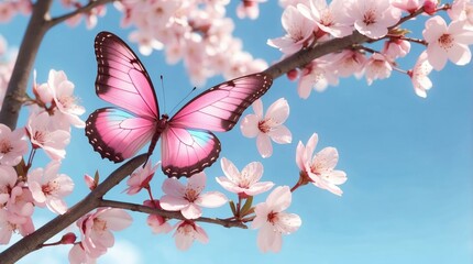 Serene spring moment pink butterfly, cherry blossoms, and soft blue sky, softly focused