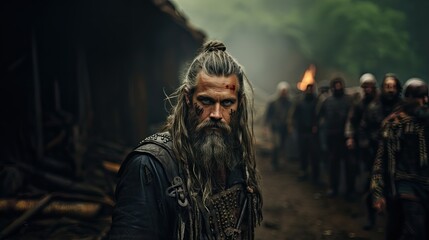 Fototapeta premium Intense warrior with a fierce expression poses in a historical or fantasy setting with a dramatic backdrop