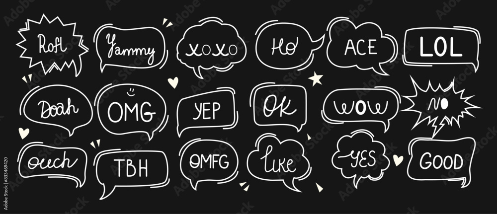 Aufkleber set and collection of speech bubbles and talks clouds with phrases. conversation with words. scribbl