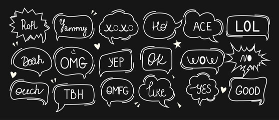 Set and collection of speech bubbles and talks clouds with phrases. Conversation with words. Scribbles elements. Editable stroke,y2k speak, text and textbox. Quotes. Doodle lettering