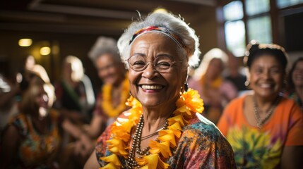 Obraz premium An elderly woman with a beaming smile fully enjoying a festive celebration surrounded by a happy crowd