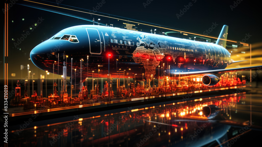 Poster high-tech concept image of a futuristic airplane with a holographic interface on a busy airport back