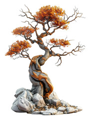 Fototapeta premium [Transparent Background PNG]A 3D rendering of a bonsai tree with orange leaves and a gnarled trunk