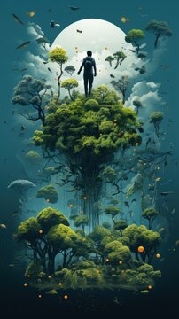 A surreal landscape featuring a man standing on a floating island with trees, under a giant moon with fish swimming in the air