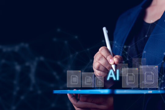 A businessman uses an AI system to manage and arrange documents efficiently, enhancing productivity and organization in a modern office setting