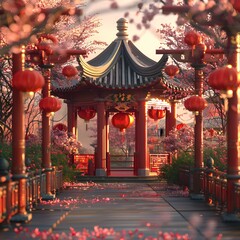 Chinese Classical Garden with Cherry Blossoms Under Sunset