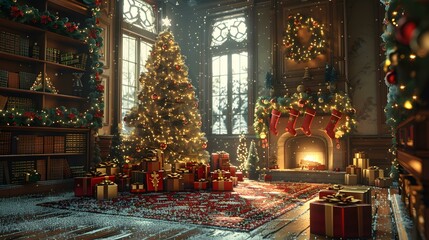 Fototapeta premium Christmas tree by the fireplace