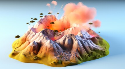 Illustration of an erupting volcano with smoke and lava flowing, surrounded by mountains and greenery. Dynamic and vibrant scene.