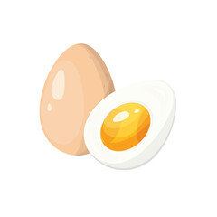 Egg illustration. Whole and boiled half egg, in cartoon style. Food illustration isolated on white.